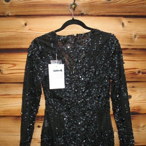 Mac Duggal 10976 Black Long Sleeve Sheer Embellished Mini Dress - Picture 10 of 12